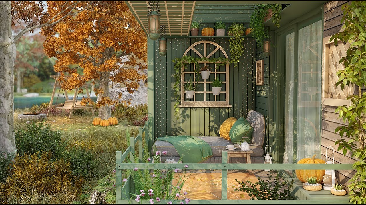 Cozy Autumn Porch Ambience 🍂 Wind in Leaves Sounds, Calm Fire Crackling & Distant Gentle Wave Sounds