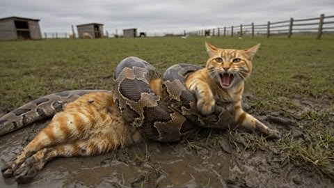 Cat Rescued from Python Attack by Farmer and Husky