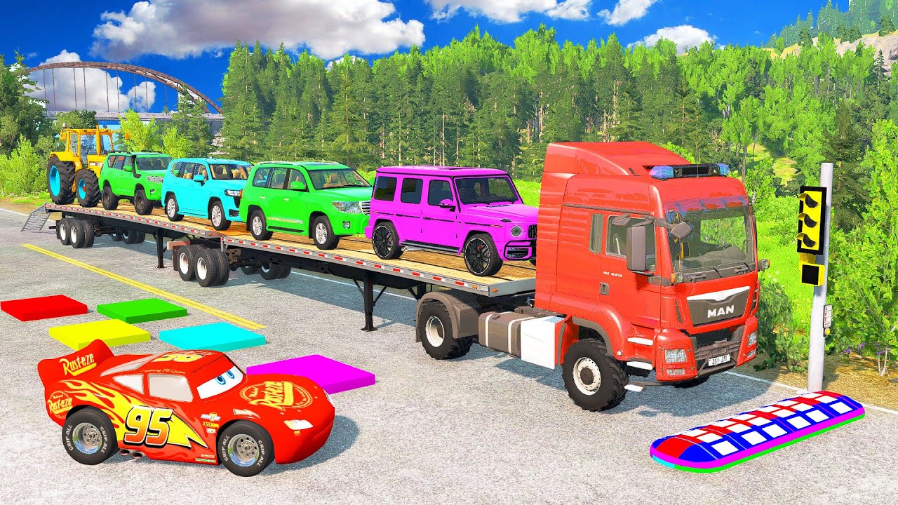 Flatbed Truck Mcqueen | Transportation with Truck - Pothole vs Car 