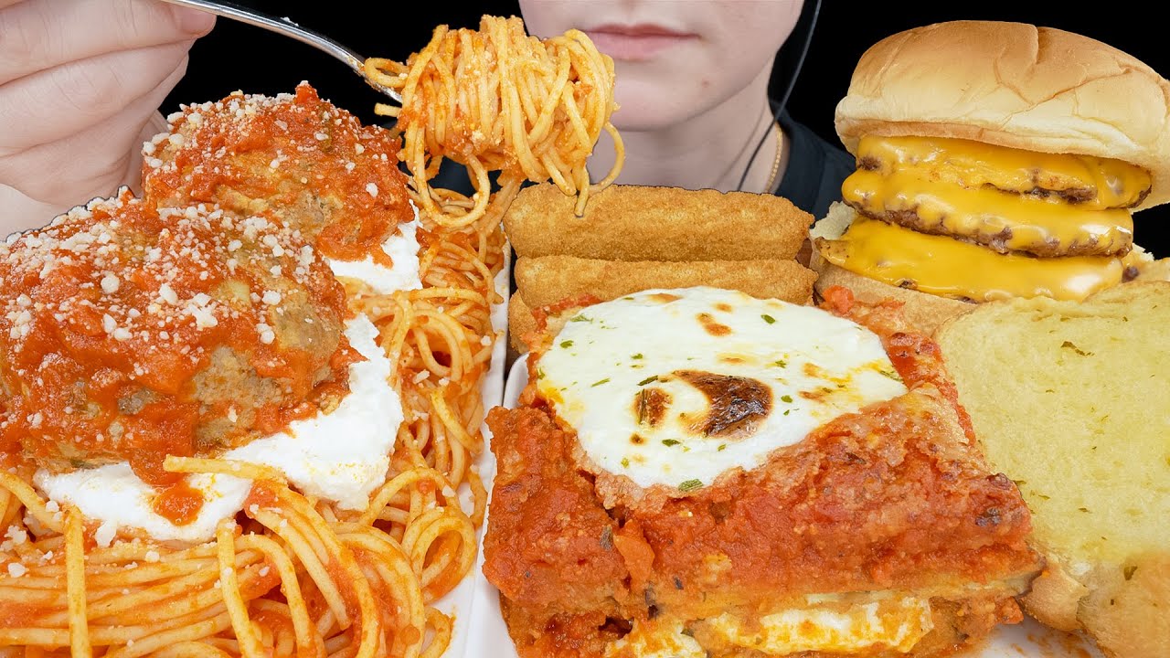 ASMR Spaghetti & Meatballs, Eggplant Parm, Cheese Sticks, Triple Cheeseburger