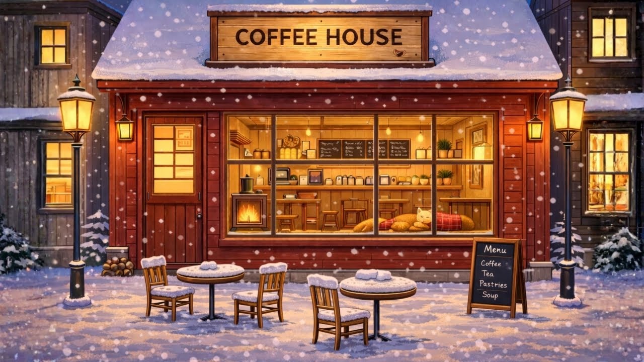 Cozy Winter Coffee Shop Ambience ☕ Snowfall, Warm Lights & Fireplace