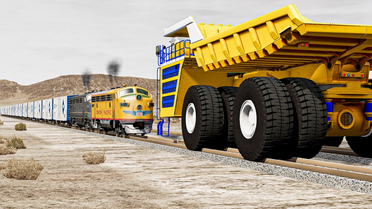 Trains vs Giant Belaz – BeamNG.Drive