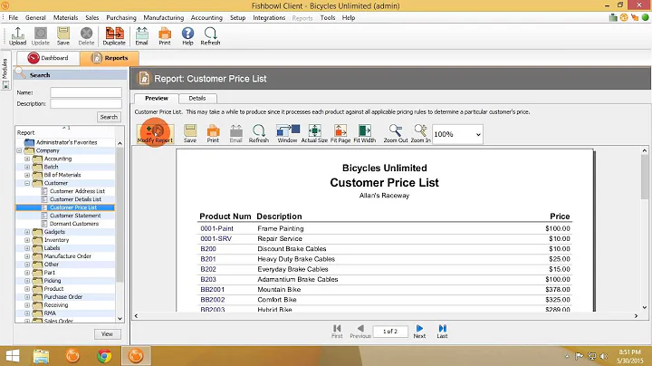 Fishbowl Warehouse & Manufacturing - Reports - Customer Price List