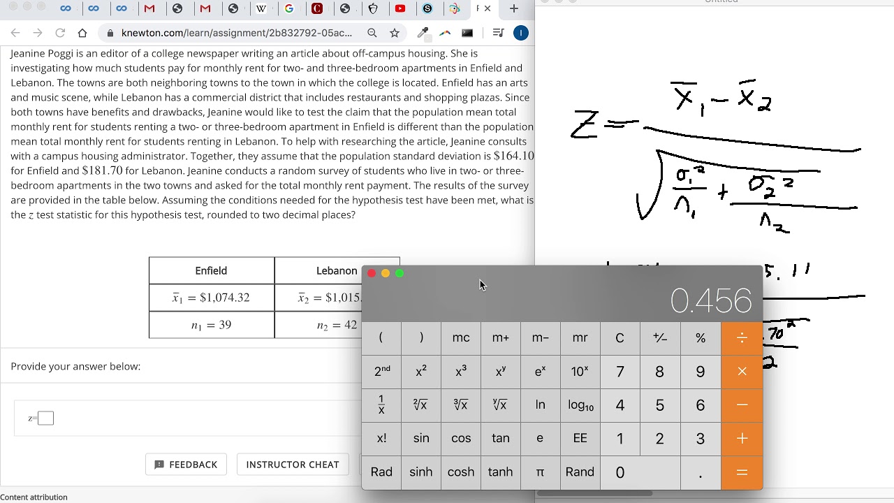 Calculate test statistic for testing the difference between two means z ...