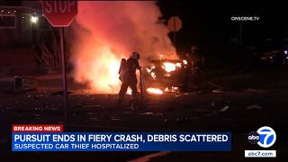 Chase ends in fiery crash, sending debris into SoCal home News