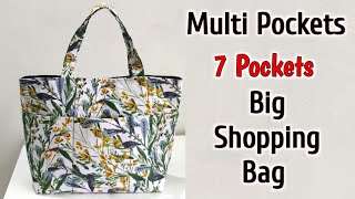 DIY 7 POCKETS SHOPPING BAG TUTORIAL | Multi pocket bag | Shopping bag making at home | DIY Tote bag