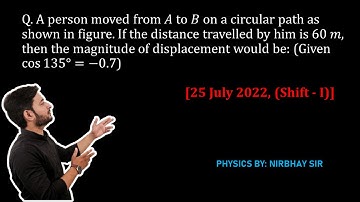 Q. A person moved from 𝐴 to 𝐵 on a circular path as shown in figure. If the distance travelled.....