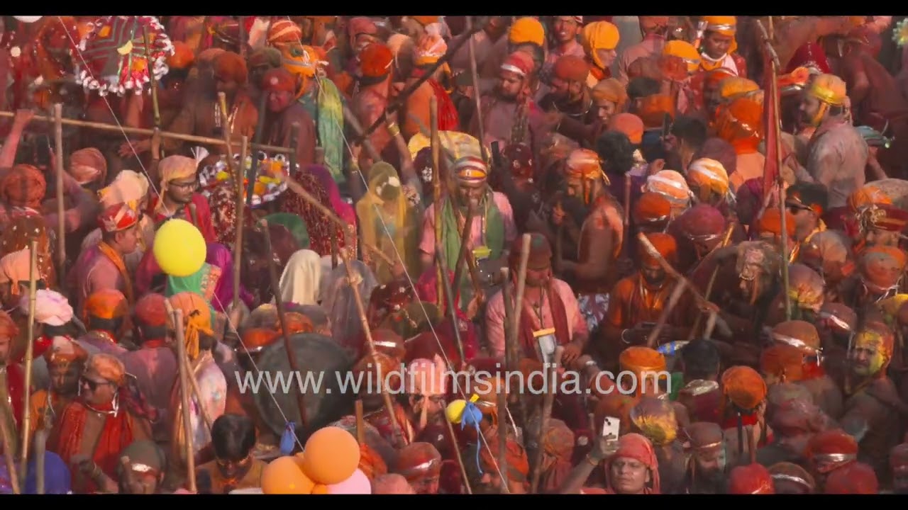 Footage of famous Lathmar Holi from an elevated angle