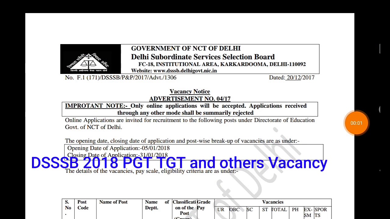 DSSSB 2018 PGT TGT PRT and others Vacancy