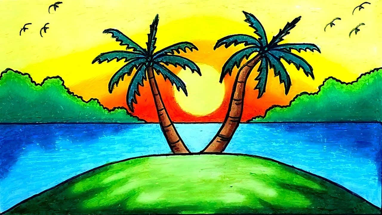 Gambar Pemandangan | Cara Menggambar Pemandangan Matahari Terbenam di Pantai Dengan Oil Pastel