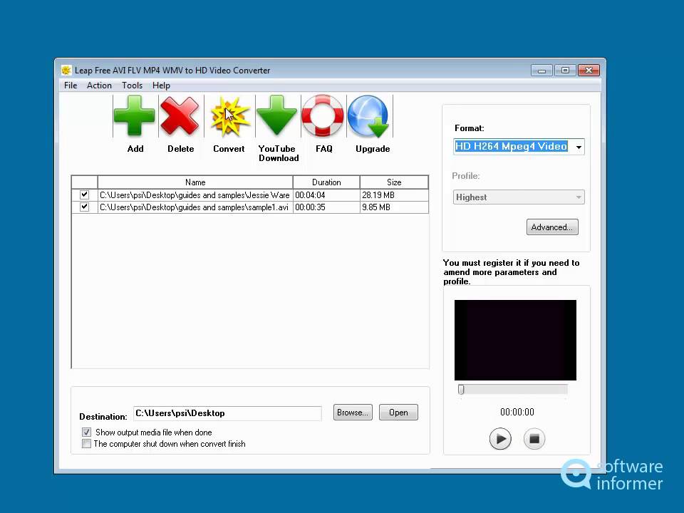 Working with Leap Free AVI FLV MP4 WMV to HD Video Converter