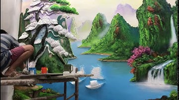 Tranh đắp nổi sơn thủy hữu tình tại Hoàng Mai, Hà Nội – Vẽ tranh tường Hà Nội rẻ đẹp Zalo 0799110022