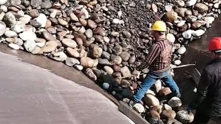 Barge Unloading Large Cobblestone- Relaxing Video