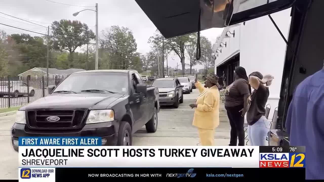 Vehicles lined up Nov. 20 for Jacqueline Scott's turkey giveway in Shreveport