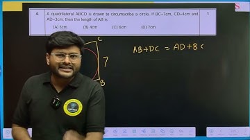 4..A quadrilateral ABCD is drawn to circumscribe a circle. If BC=7" " cm,CD=4" " cm and AD=3" " cm,
