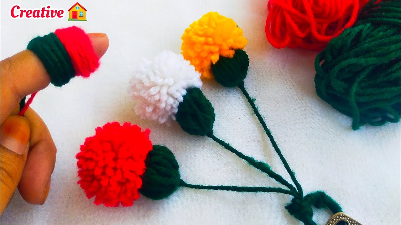 Amazing Pom Pom Flower Craft Idea with Fingers | Easy Woolen Flower ...