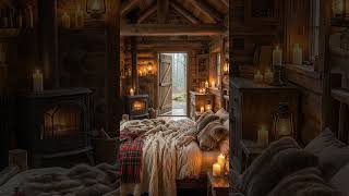 Cozy Rainy Cabin Bedroom | Open Door, Candlelight &amp; Warm Fireplace Ambience