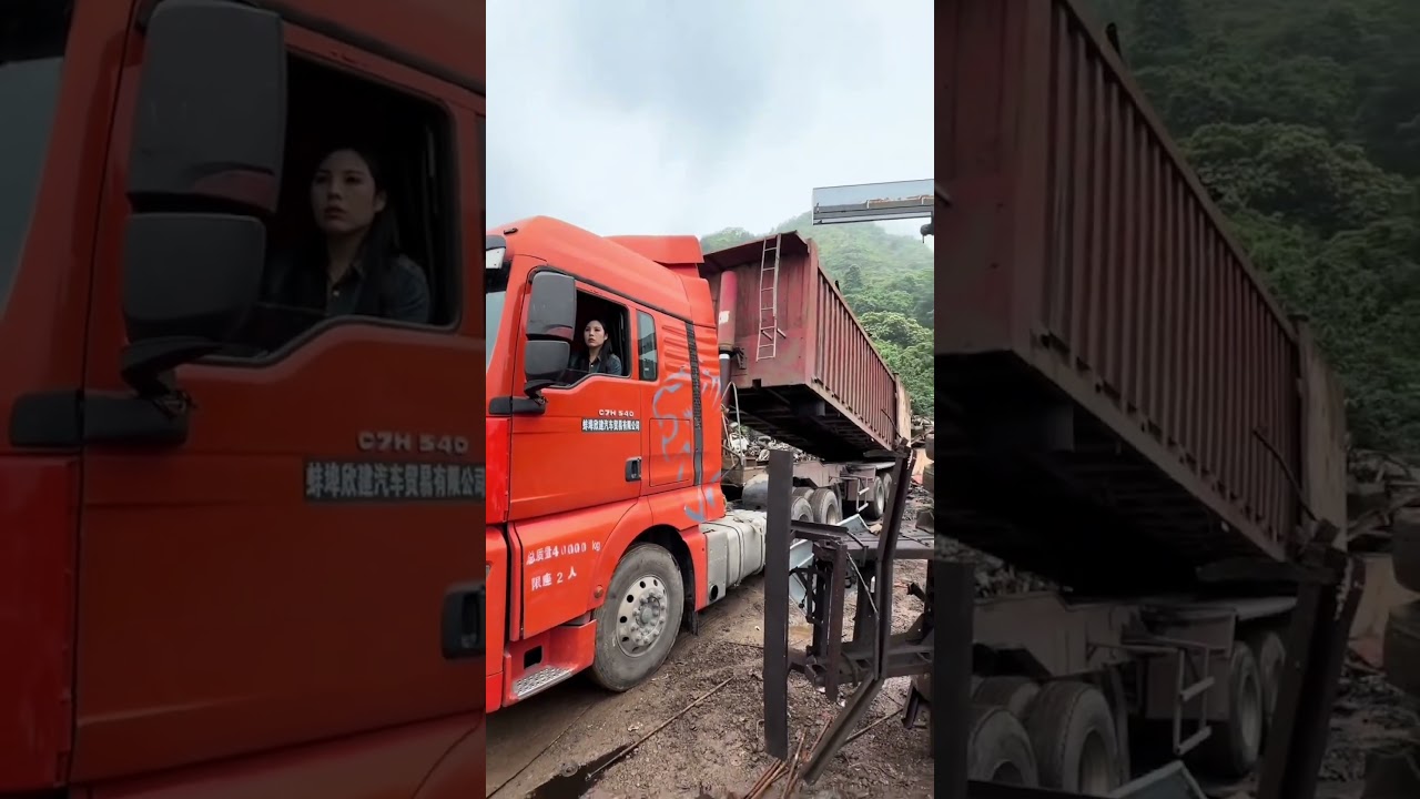 Cô gái lái đầu kéo và chiếc máy hút phế liệu siêu lớn #viral #automobile #driverlife #trucklife