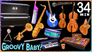 34 Minutes of Baby Sensory Music Videos! – Dancing Animated Instruments Play Five Styles of Music