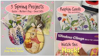 SPRING DECOUPAGE “NAPKIN CARDS” & “ORNAMENTS” DIY’s  NO WRINKLES!!  / ➕AMAZING “window cling” HACK!