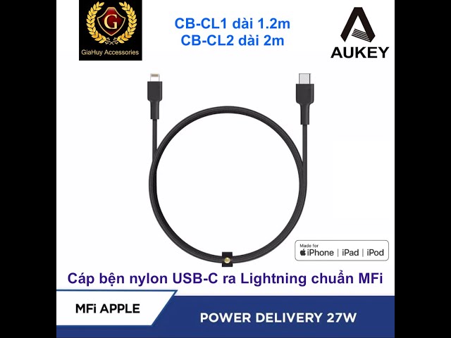 Cáp bện Nylon USB-C ra Lightning AUKEY CB-CL1/2 chuẩn MFi - dài 1.2m & 2m