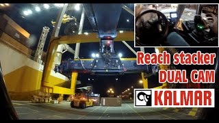 NEW Kalmar K-MOTION Reach Stacker at work, OPERATORS VIEW DUAL CAM discharging twin 20' container