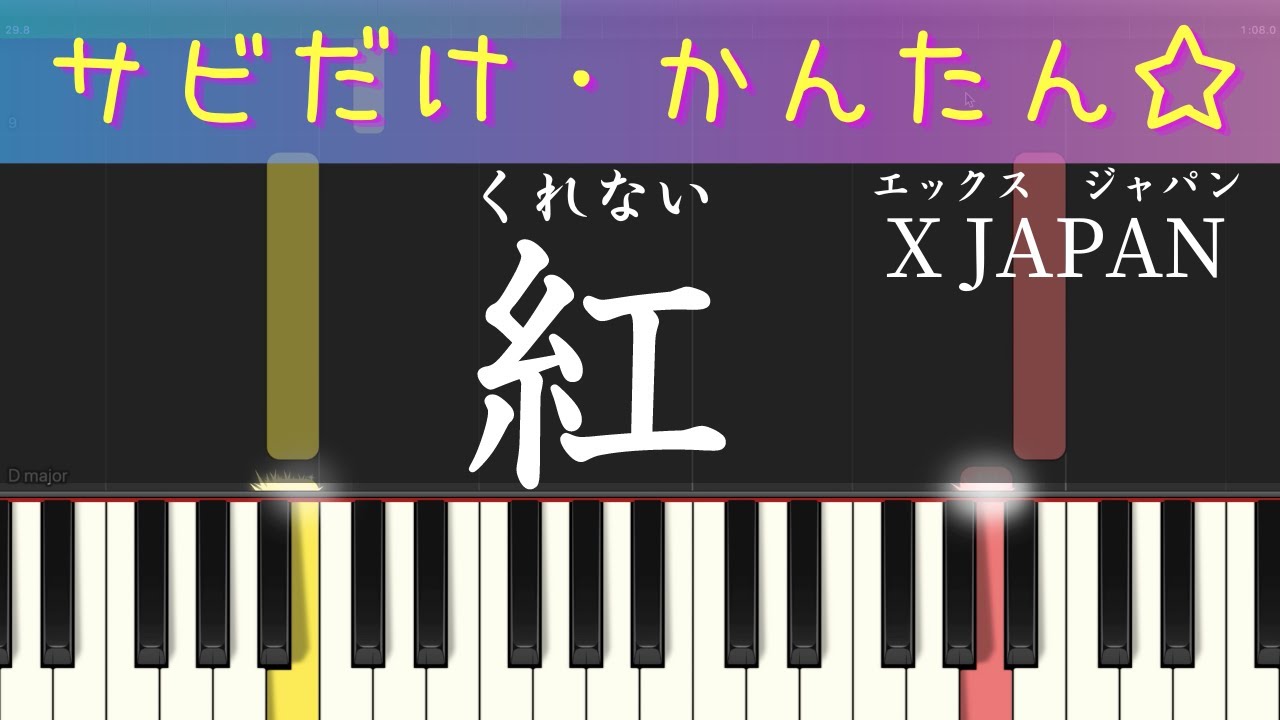 紅 (くれない X JAPANサビだけ・簡単ピアノ）ゆっくり・初心者向け練習