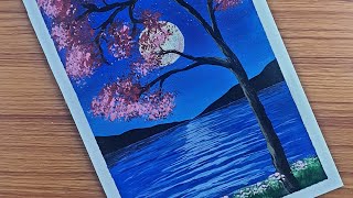 Moonlight Scenery || Full Moon With Pink Tree Painting || Acrylic Painting for Beginners ||