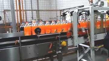 Juice bottles handles inserting pressing applicator inline with PE film shrink packaging equipment