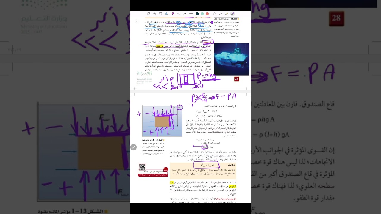 فيزياء3-1  (تابع الموائع الساكنة والموائع المتحركة  ) السباحة تحت الضغط + مبدأ ارخميدس