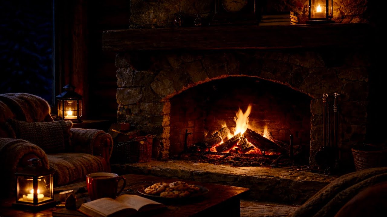 Snowy Cabin Fireplace Sounds • Sleep ASMR (Dark & Cozy)