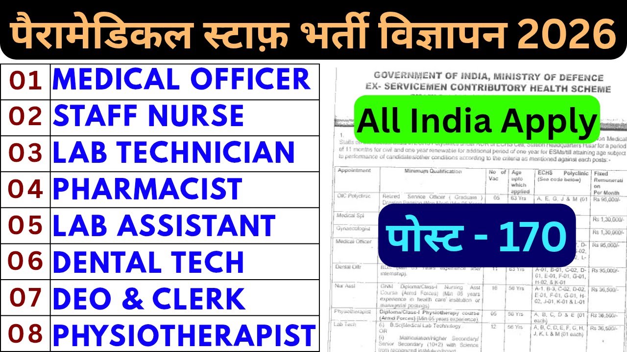 पैरामेडिकल स्टाफ भर्ती - STAFF NURSE, LAB TECHNICIAN, PHARMACIST, DENTAL TECHNICIAN, CLERK, DEO, JOB