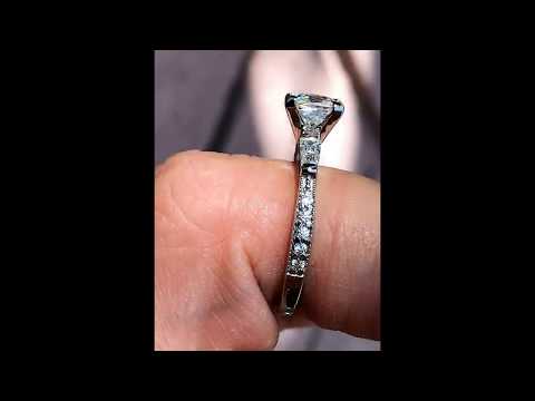 Baguette / Round Brilliant Moissanite Engagement Ring with Milgrain Accents ring video