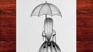 Kolay Şemsiyeli Kız Çizimi - Drawing Girl With Umbrella - Adım Adım Şemsiyeli Bir Kız Nasıl Çizilir