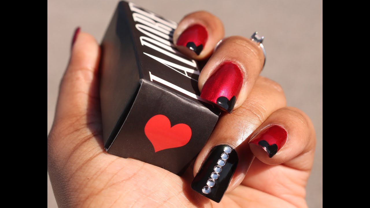 Valentine’s Day Nail Art Red and Black Hearts Nail Tutorial With