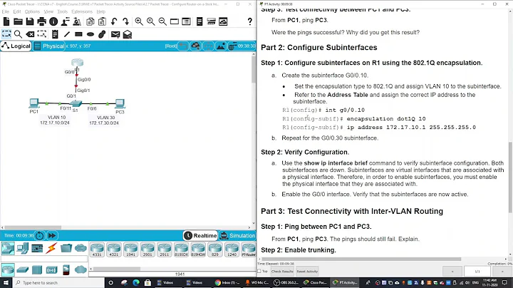 4.2.7 Packet Tracer - Configure Router-on-a-Stick Inter-VLAN Routing