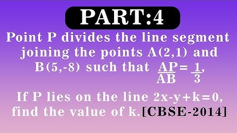 Point P divides the line segment joining the points A(2,1) and B(5,-8) such that (AP)/(AB) = 1/3
