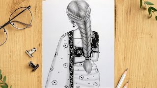 A Traditional Girl Back Side Braided Hair || Pencil sketch for beginner || Girl drawing || Drawing