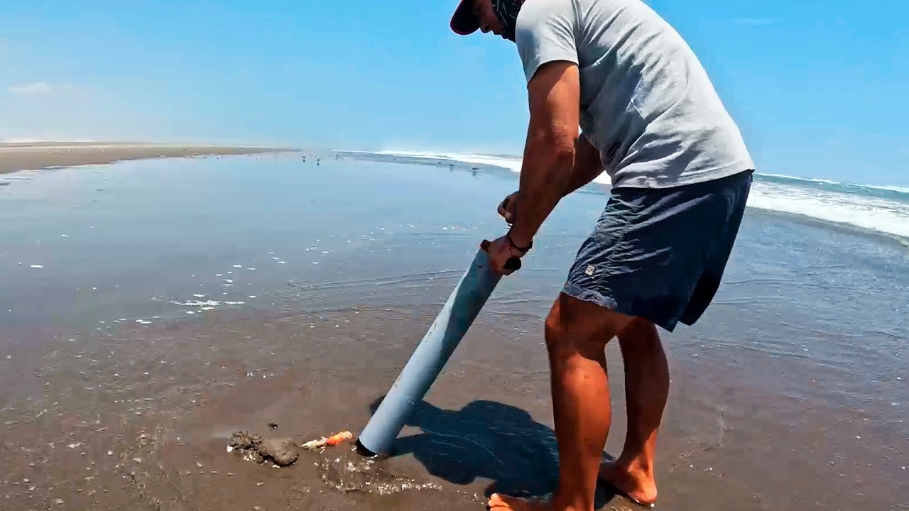 Un tubo, paciencia y precisión… mira lo que logra extraer de la playa