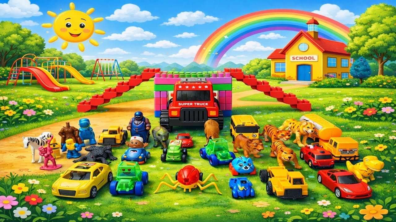 Bermain mainan mobil dan hewan melewati jembatan dan terowongan dari balok susun 