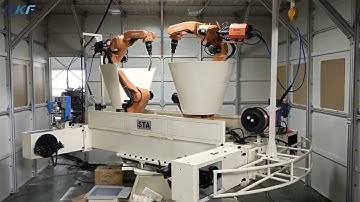 Demonstration of our three-axis positioner supporting OTC robot applied to automated welding.