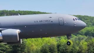 Boeing KC-46 Pegasus USAF military air refueling, transport aircraft flyover, f15 Eagles formation