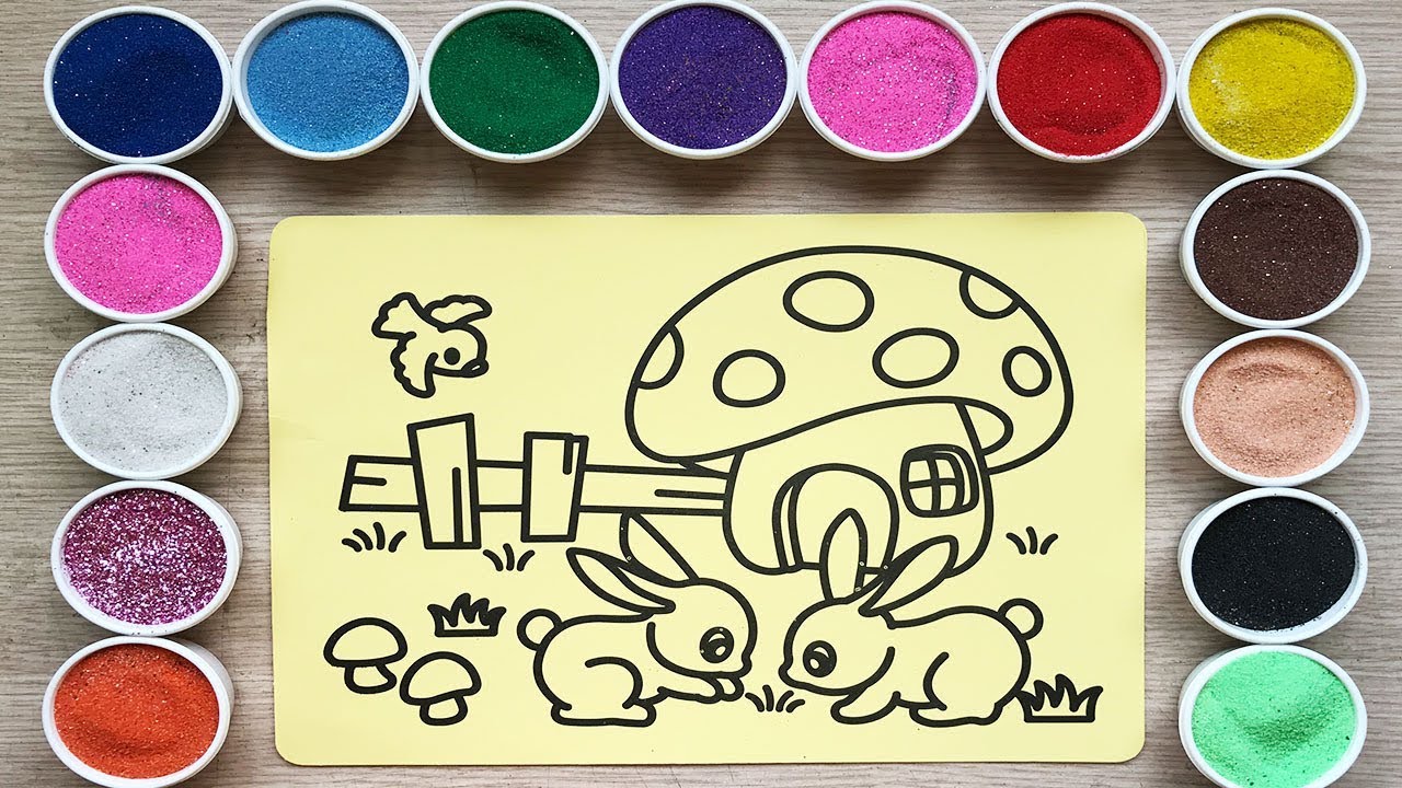 Rabbit & mushroom house sand painting toys / How to coloring the rabbit ...