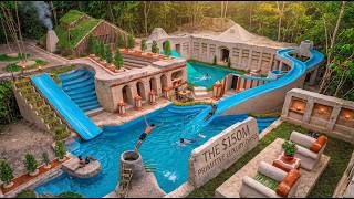 Building a Luxury Jungle Pool Resort with Epic Waterslide In Underground Hut with Grass Roof