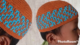 Cara Merajut Peci Mozaik Anak Motif 27 mudah untuk pemula (tinggi 15 cm, keliling 50 cm)