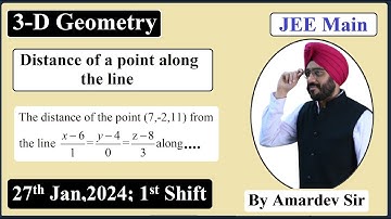The distance of the point (7,-2,11) from the line x-6/1=y-4/0=z-8/3 along...