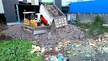 NICELY !! Start New project landfill Dump truck 5T unloading Soil with Expert bulldozer working push