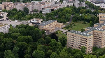 Aerial perspective of Campus Westend at Goethe University in Frankfurt am Main, Germany, showcasing