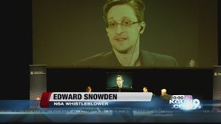 Whistleblower Edward Snowden speaks at the UA Net Worth