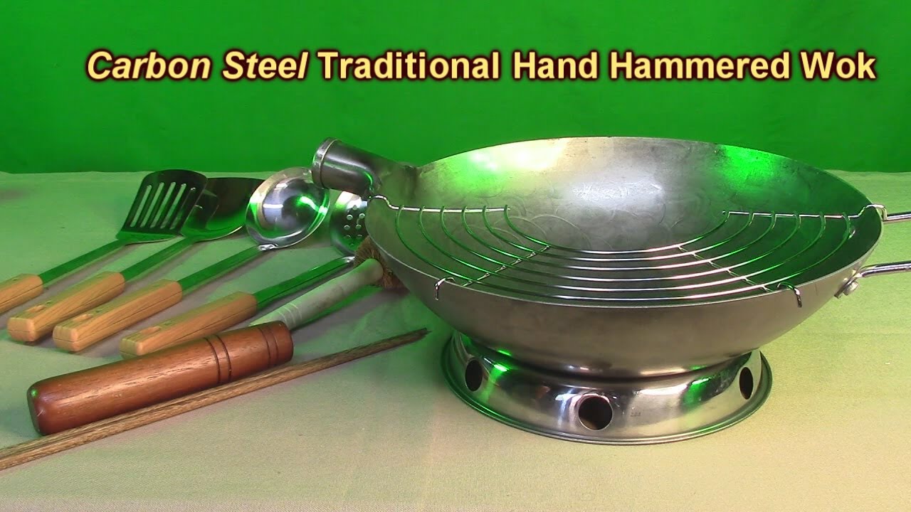 12 inch Flat Hammered Carbon Steel Craft Wok with Wooden and Steel Hel